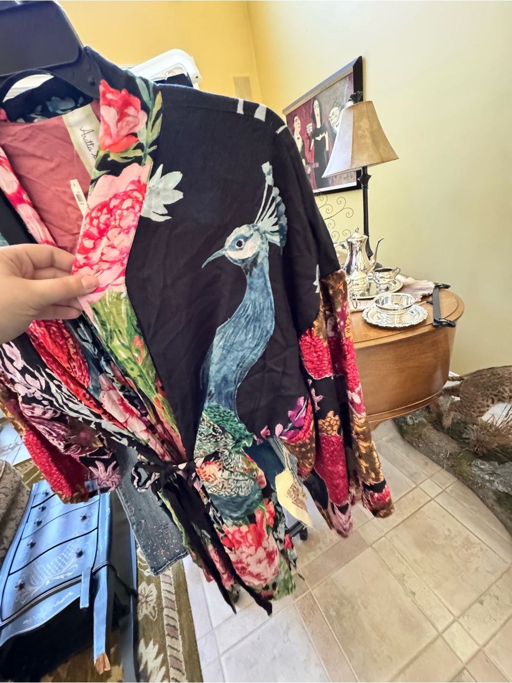 Aratta Black Velvet Kimono Robe with Pink & Green Peacock Print - Picture 3 of 6